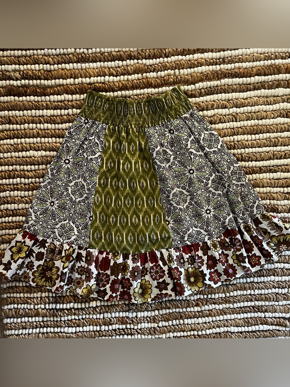 Vintage y2K She's Cool Olive Green and Multi Floral Patchwork A-Line Skirt